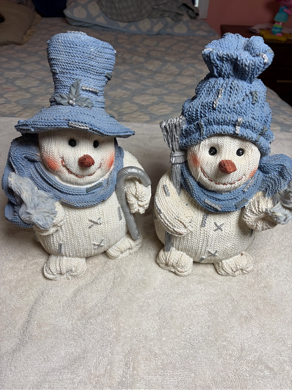 Handmade Style Blue & White Snowman Holiday Figurines - Set of 2